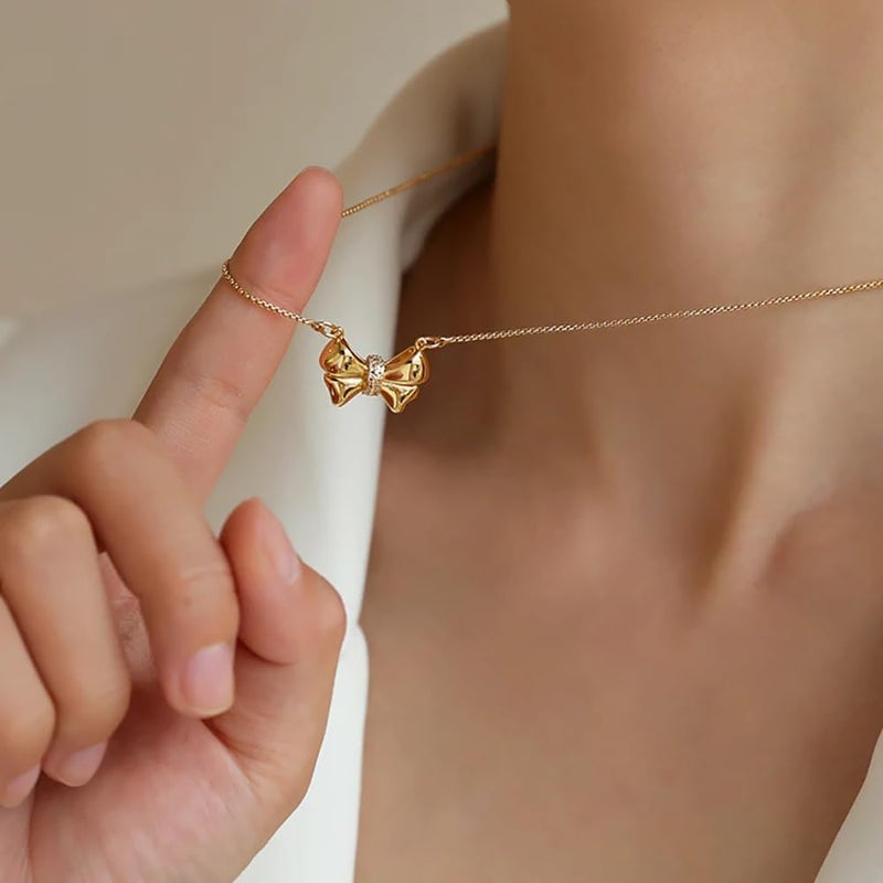 Risamil Store 14K Gold Plated Necklace for Women - Bow Necklace - Dainty Necklace Cute Small Tiny Bow Pendant Choker Chain Necklace Trendy Necklaces for Women Jewelry Gift - Image 4